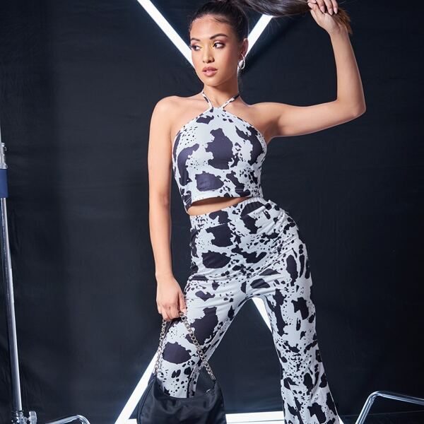 

Cow Print Halter Top & Pants Set, Black and white