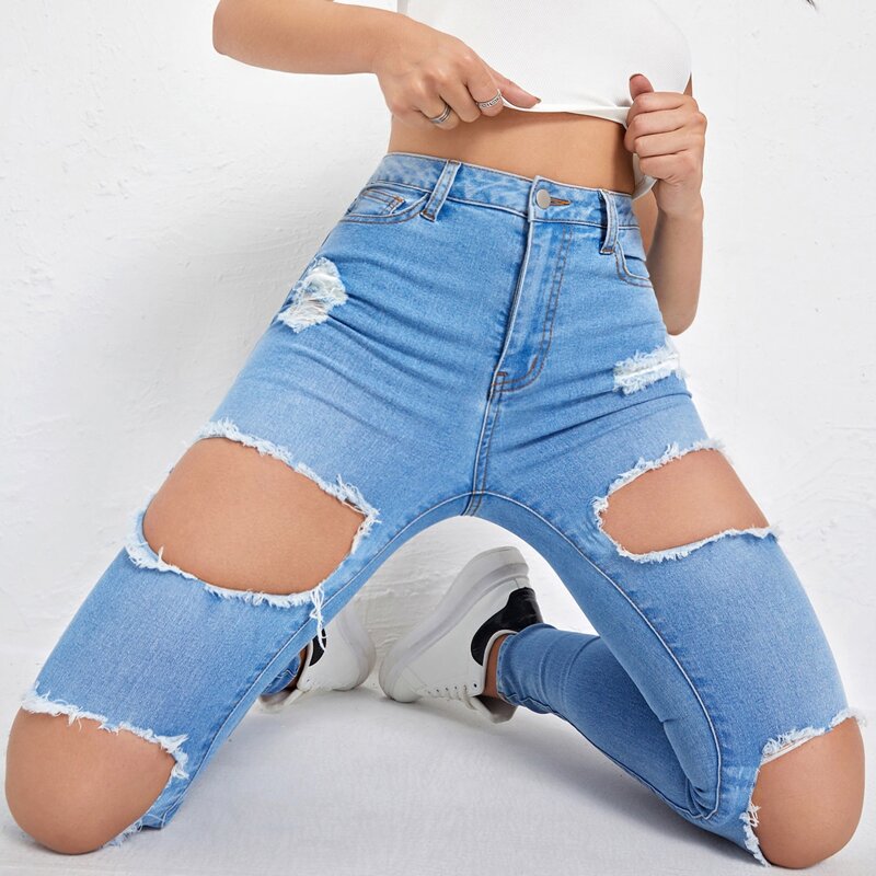 

High Waist Ripped Detail Skinny Jeans, Light wash
