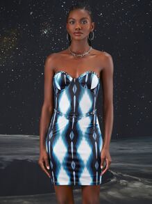 SHEIN BAE 鉚釘細節紮染緊身連衣裙 - 彩色 - 查看 1