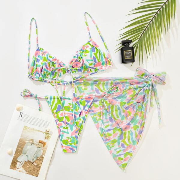 

3pack Allover Print Frill Bikini Swimsuit & Beach Skirt, Multicolor