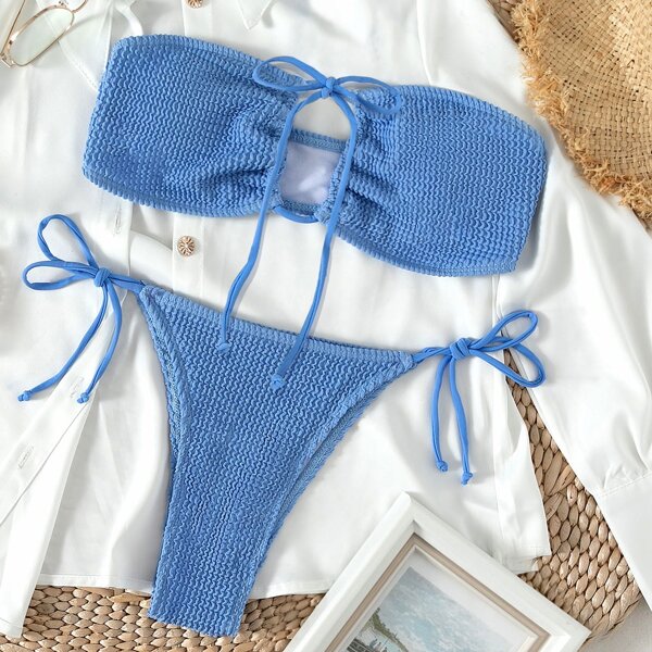 

Textured Halter Tie Side Bikini Swimsuit, Dusty blue