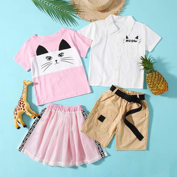

Toddler Girls Cartoon Graphic Tee & Fishnet Panel Skirt, Baby pink