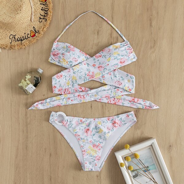

Floral Print Ring Linked Wrap Bikini Swimsuit, Multicolor