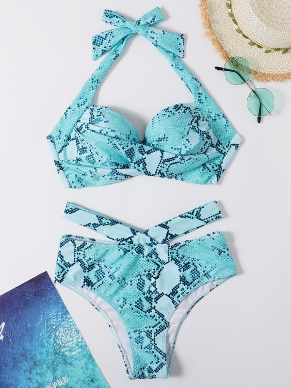 SHEIN Swim Vcay Snakeskin Print Bikini Set Twist Push Up Halter Bra