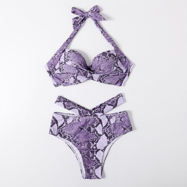 

Snakeskin Print Twist Halter Bikini Swimsuit, Purple