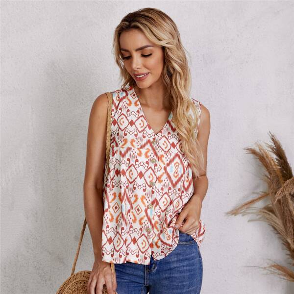 

Allover Print Button Front Blouse, Multicolor