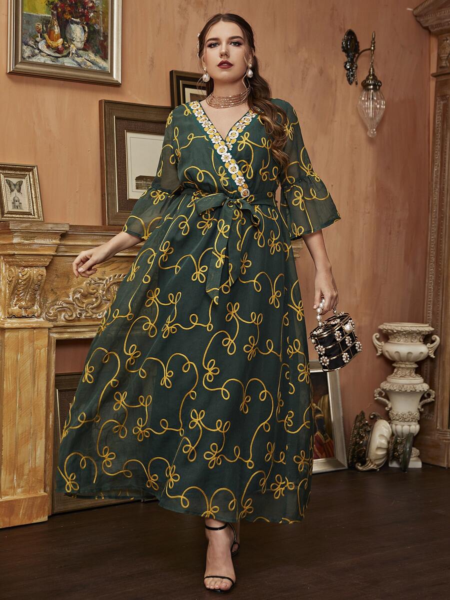 大碼滿版印花交叉繫帶連衣裙 - 綠色 - 查看 1