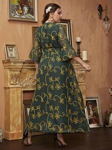 大碼滿版印花交叉繫帶連衣裙 - 綠色 - 查看 2