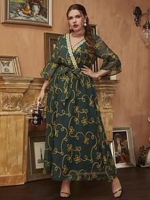 大碼滿版印花交叉繫帶連衣裙 - 綠色 - 查看 3