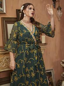 大碼滿版印花交叉繫帶連衣裙 - 綠色 - 查看 4