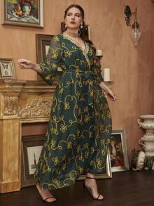 大碼滿版印花交叉繫帶連衣裙 - 綠色 - 查看 5