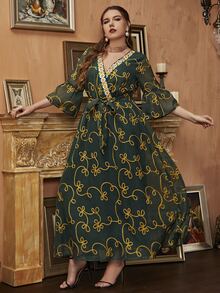 大碼滿版印花交叉繫帶連衣裙 - 綠色 - 查看 6