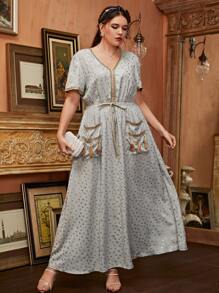 Al Najma Plus Dual Pocket Allover Print Dress - Grey - View 1