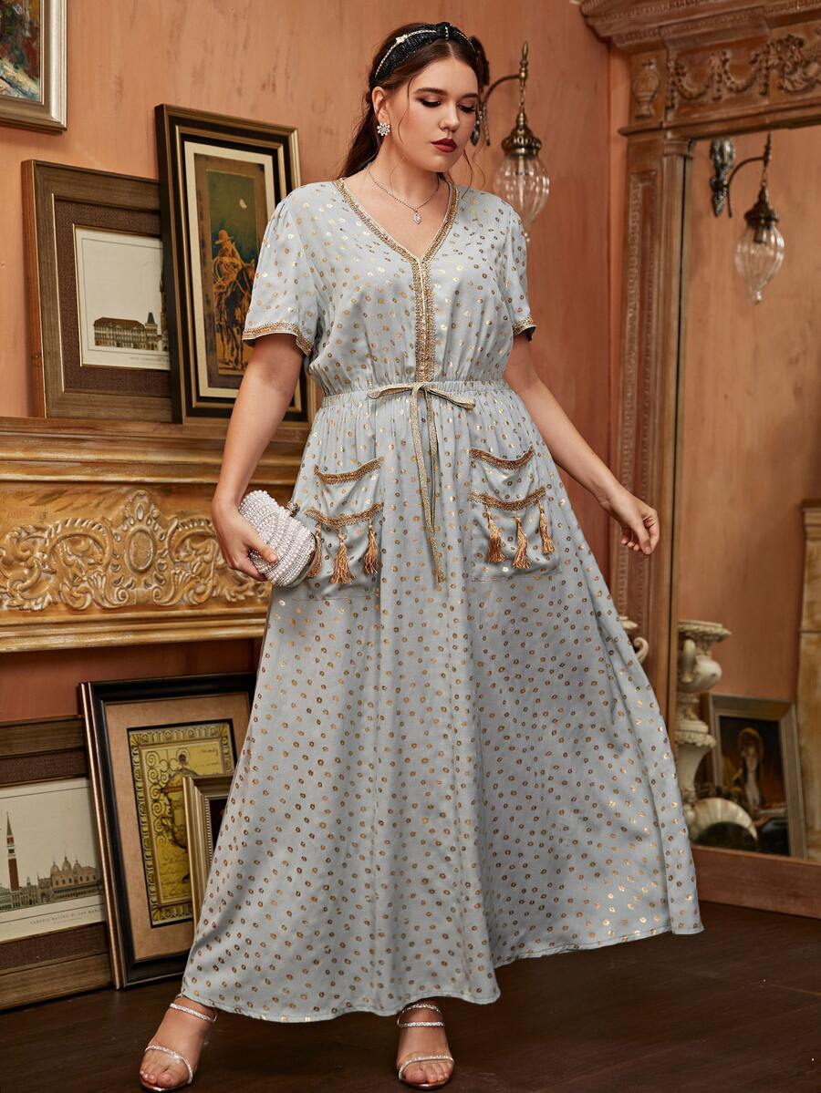 Al Najma Plus Dual Pocket Allover Print Dress - Grey - View 1