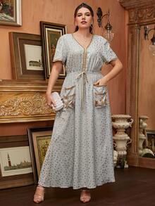 Al Najma Plus Dual Pocket Allover Print Dress - Grey - View 3