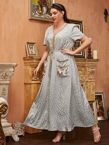 Al Najma Plus Dual Pocket Allover Print Dress - Grey - View 4