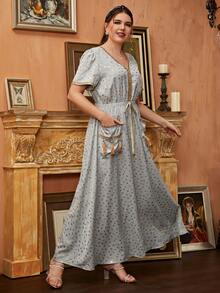 Al Najma Plus Dual Pocket Allover Print Dress - Grey - View 5