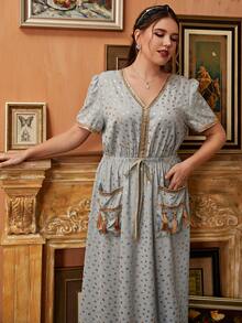 Al Najma Plus Dual Pocket Allover Print Dress - Grey - View 6