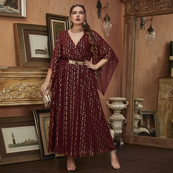 

Plus Allover Print V Neck A-line Dress, Burgundy