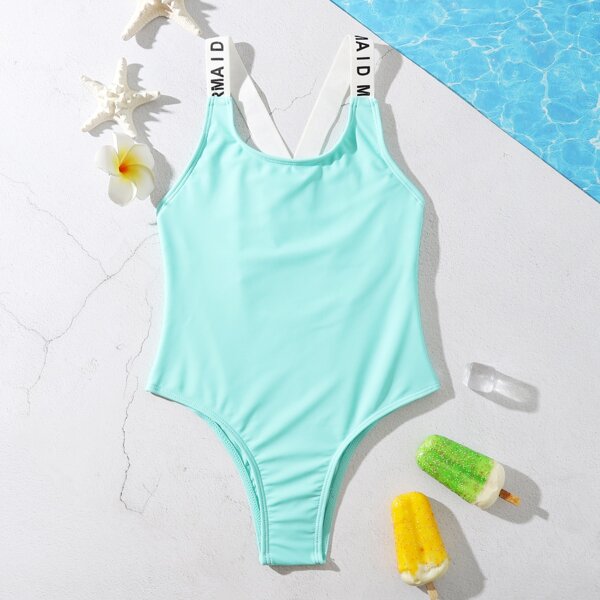 

Girls Letter Tape One Piece Swimsuit, Green