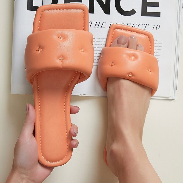 

1 Pair Padded Vamp Square Toe Pleather Sandals, Coral orange