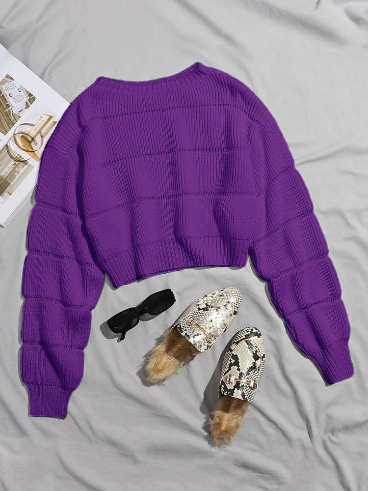 Ribbed Knit Solid Crop Sweater,Long Sleeve Tops Knit Pullover Fall Winter