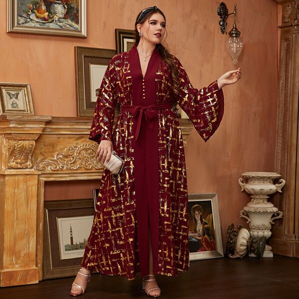 

Plus Geo Print Bell Sleeve Belted Dress, Burgundy