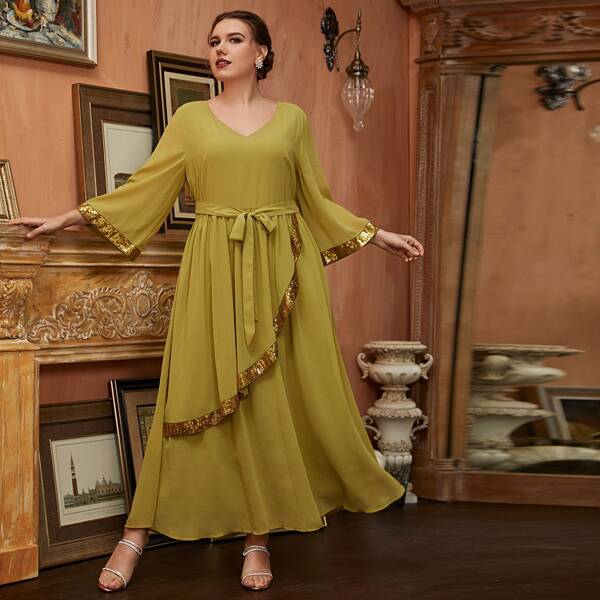

Plus Contrast Sequins Belted Dress, Olive green