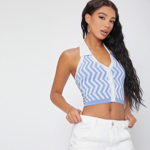 

Chevron Print Button-Front Cropped Halter Top, Blue and white