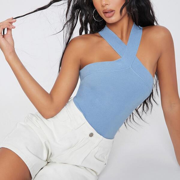 

Ribbed V-Cut Sleeveless Halter Bodysuit, Dusty blue
