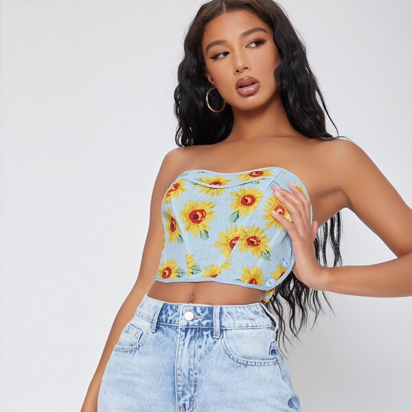 

Sunflower Print Binding Button-Up Tube Top, Multicolor