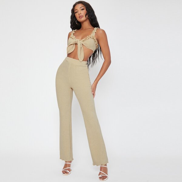 

Frilled Strap Tie Front Top And Lettuce-Edge Pants Set, Khaki