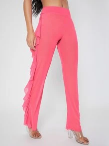 Sheer Mesh High-Rise Ruffled Neon Pants - Hot Pink - View 1