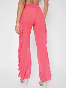 Sheer Mesh High-Rise Ruffled Neon Pants - Hot Pink - View 2