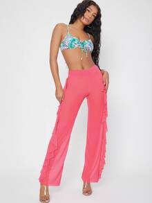 Sheer Mesh High-Rise Ruffled Neon Pants - Hot Pink - View 3