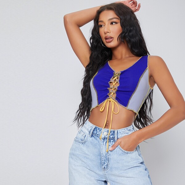 

Ribbed Colorblock Contrast Stitch Lace-Up Crop Top, Blue