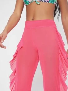 Sheer Mesh High-Rise Ruffled Neon Pants - Hot Pink - View 4