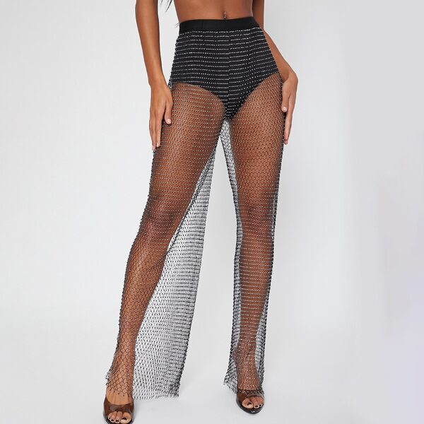 

Rhinestone Sheer Mesh High-Rise Pants, Black