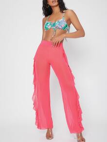 Sheer Mesh High-Rise Ruffled Neon Pants - Hot Pink - View 5
