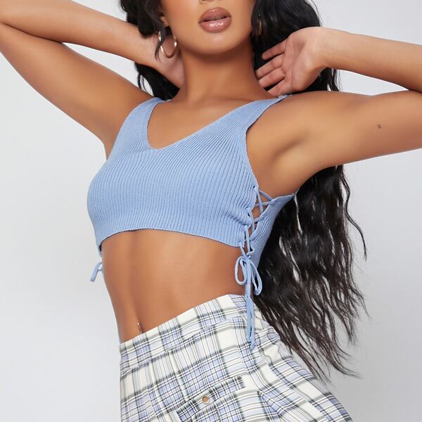 

Ribbed V-Neck Lace-Up Crop Top, Dusty blue