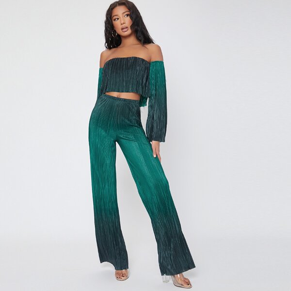 

Ombre Off-the-Shoulder Crop Top And Accordion Pleat Pants Set, Green