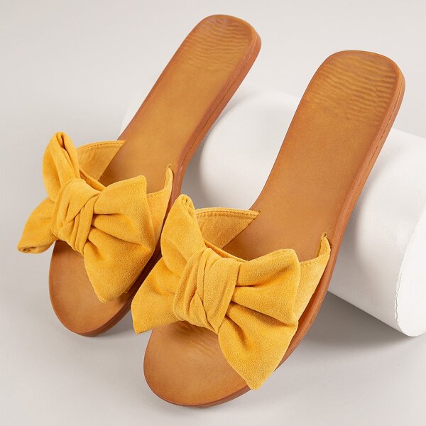 

Faux Suede Bow Vamp Slip-On Sandals, Mustard yellow