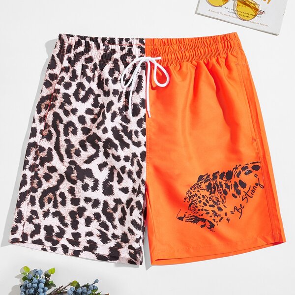 

Men Leopard Print Drawstring Waist Swim Trunks, Multicolor