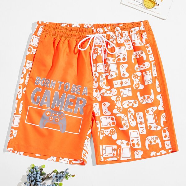 

Men Gamepad And Letter Graphic Drawstring Waist Swim Trunks, Orange