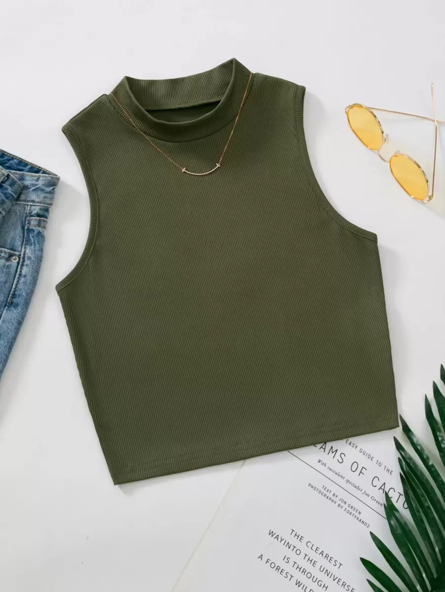 Franclia Mock Neck Rib-knit Tank Top - Army Green - View 1