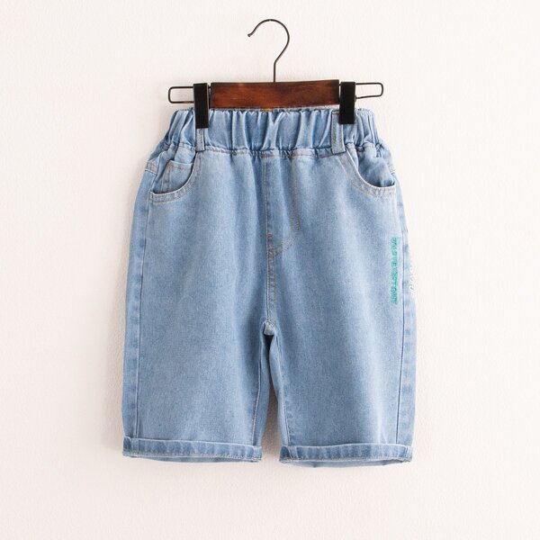 

Toddler Boys Slogan Embroidery Capris Jeans, Light wash