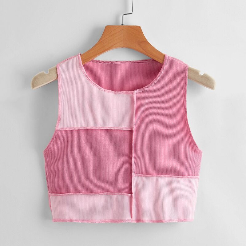 

Stitching Trim Colorblock Ribbed Tank Top, Pink