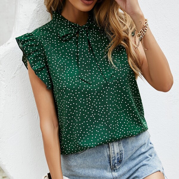 

Polka-dot Print Tie Neck Top, Dark green