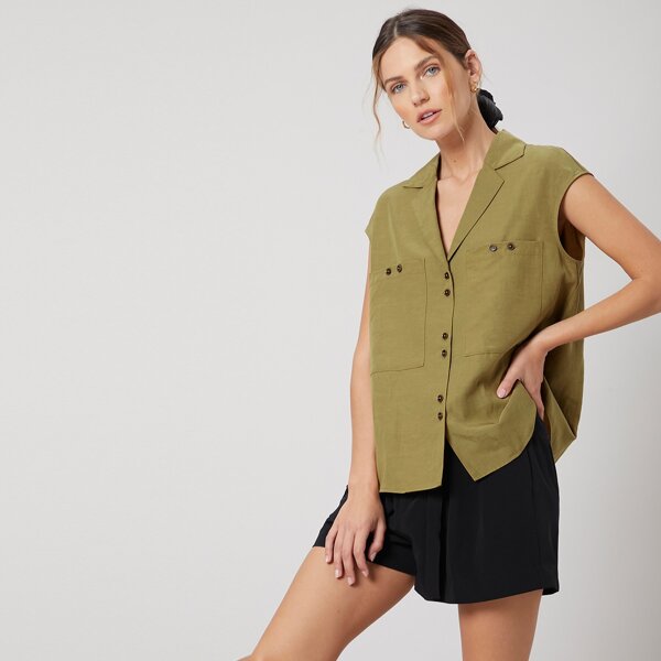 

LINEN CHEST POCKET SLEEVELESS BLOUSE, Army green