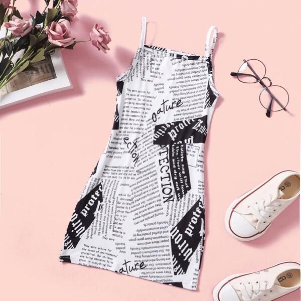 

Toddler Girls Newspaper Print Cami Dress, Black and white